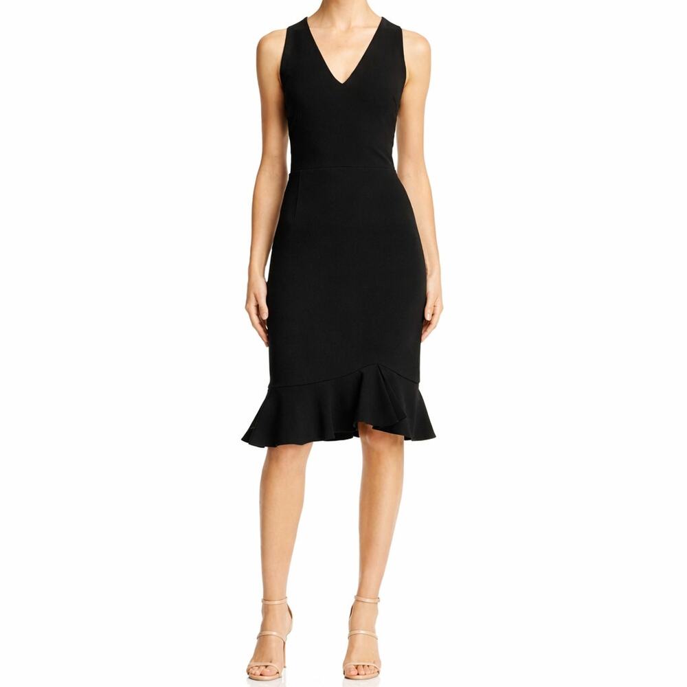 Betsey Johnson Black Scuba Crepe V-Neck Flounce Hem Midi Dress 6 Event Occasion - Picture 2 of 16